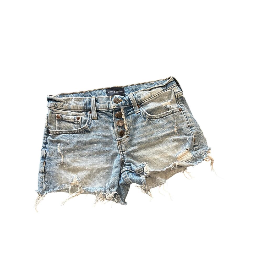 Lucky - Distress Denim Cut Off Shorts. Exposed Button Fly Boy Mid Rise.Size0/25.